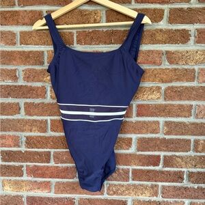 Speedo Navy Blue One-Piece Swimsuit with White Stripes. Size 10.